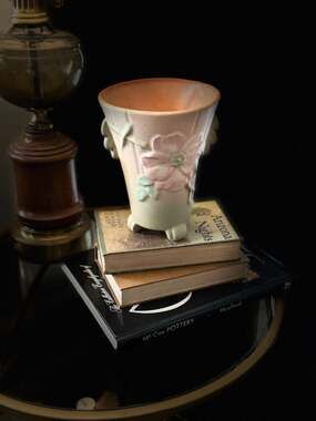 VTG Weller Pottery Dogwood Three-Footed Vase Pink and Green